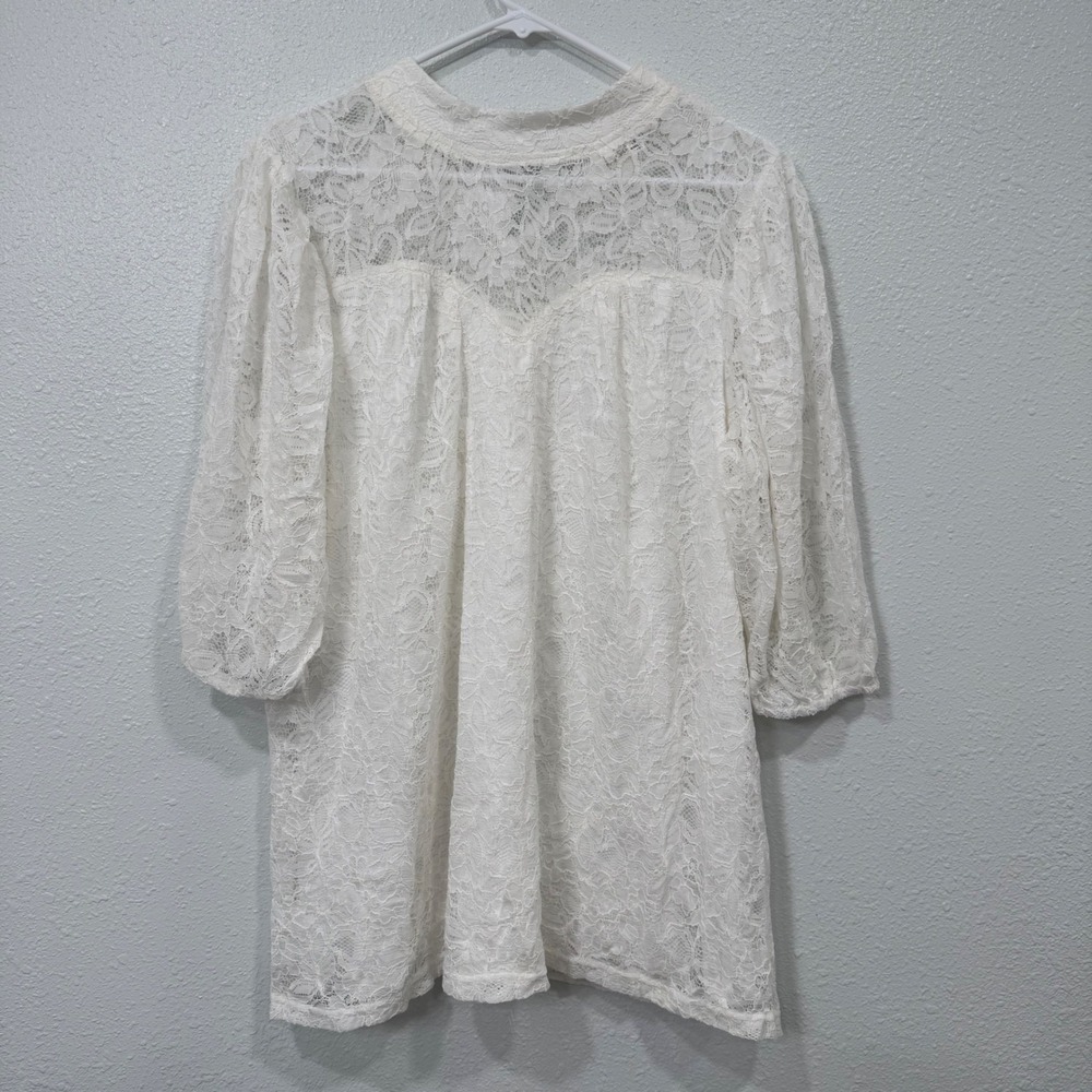 Eve & Maddie Womens 1X White Floral‎ Lace Blouse Mock Neck 3/4 Puff Sleeve Top